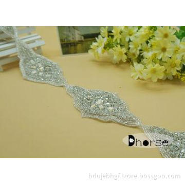 Custom Iron On Silver Rhinestone Beaded Trims For Wedding G